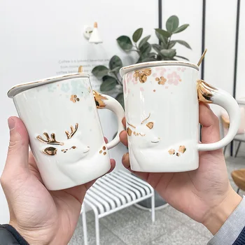 

400ml Embossed fawn painted gold ceramic mug With Spoon Coffee Tea Milk Animal Cups With Handle Drinkware Nice Gifts