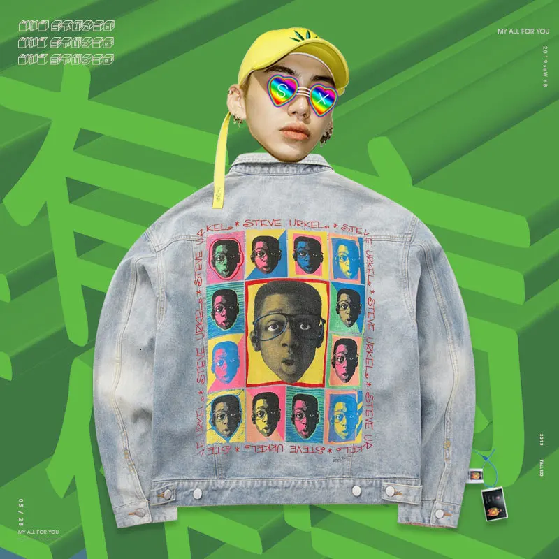 Hip hop retro denim jacket pay tribute to Steve Urkel poster Loose Oversize Sisters Cool men old school style coat - Color: Sea salt blue