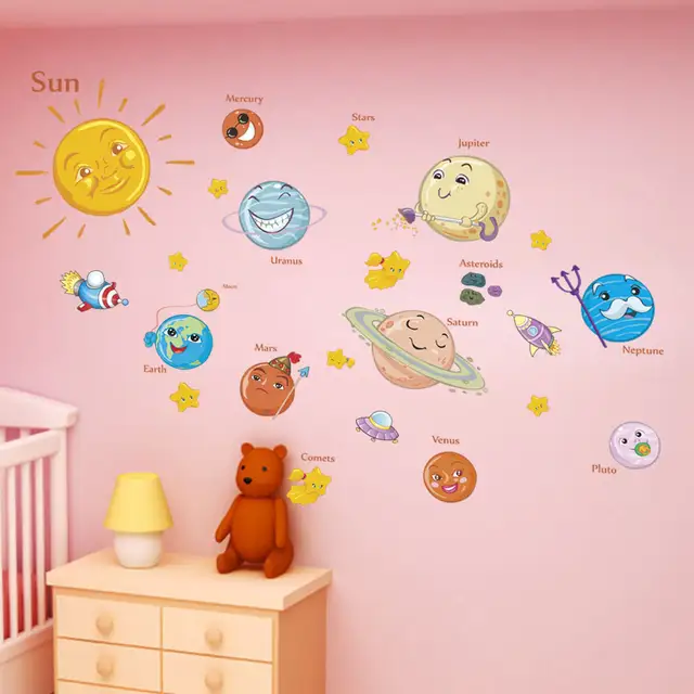 Us 3 31 36 Off Cartoon Wall Stickers Universe Planet Solar System Children S Room Bedroom Decor Dynamic And Energetic On Aliexpress