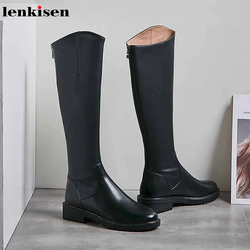 Lenkisen/зимние классические однотонные выразительные сапоги из натуральной кожи; женские теплые сапоги до бедра на среднем каблуке с круглым носком и молнией сзади; L31