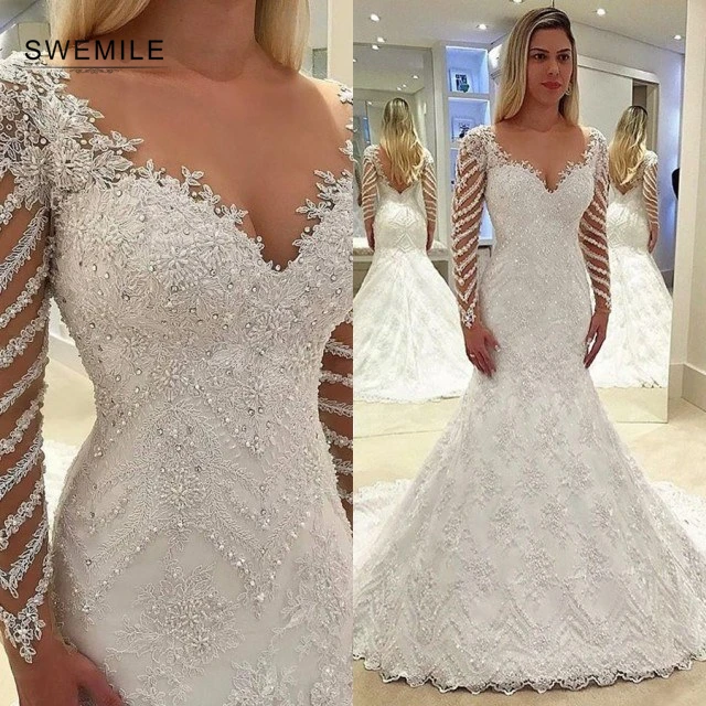 

Elegant Beading Crystal Mermaid Wedding Dresses Sexy V-Neck Long Sleeve Backless Bride Dresses Vestido De Noiva Manga Longa