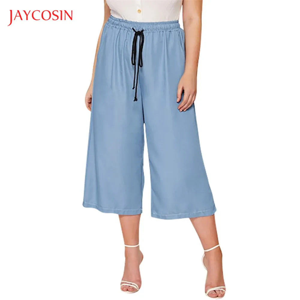 Jaycosin весенние модные женские брюки, одноцветные свободные брюки с карманами размера плюс, брюки длиной до середины икры, широкие брюки, повседневные штаны на шнурке