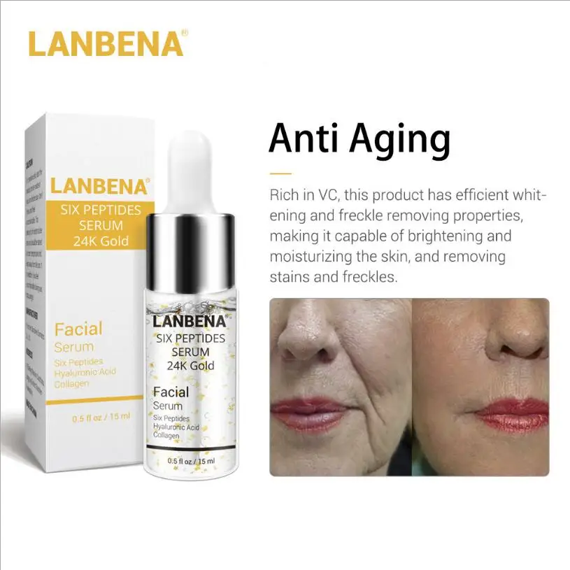 Six Peptides 24K 6 шт./лот, сыворотка с гиалуроновой кислотой LANBENA, шесть пептидов, 24K золото, витамин С, сыворотка, против старения, увлажняющая, уход за кожей, отбеливание ярче - Вес нетто: Six Peptides 24K