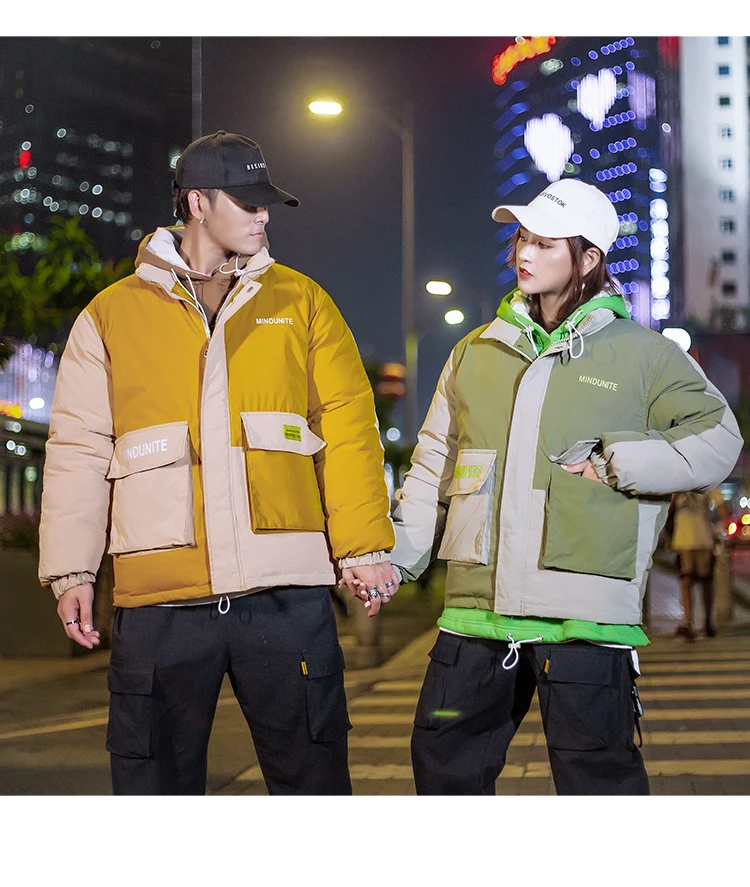 Legible Couple Patchwork Hip Hop Thick Parka Men Woman Streetwear Winter Fashion Parka Coat Lovers Safari Style Jacket