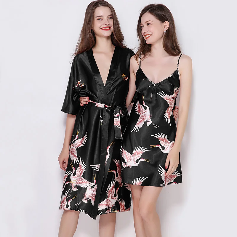Black dress and robe TERMEZY новые женские сексуальные атласные ночные халаты больших размеров банное платье Ночная рубашка Летняя одежда для сна свадебное Ночное платье халат с поясом - Цвет: Black dress and robe
