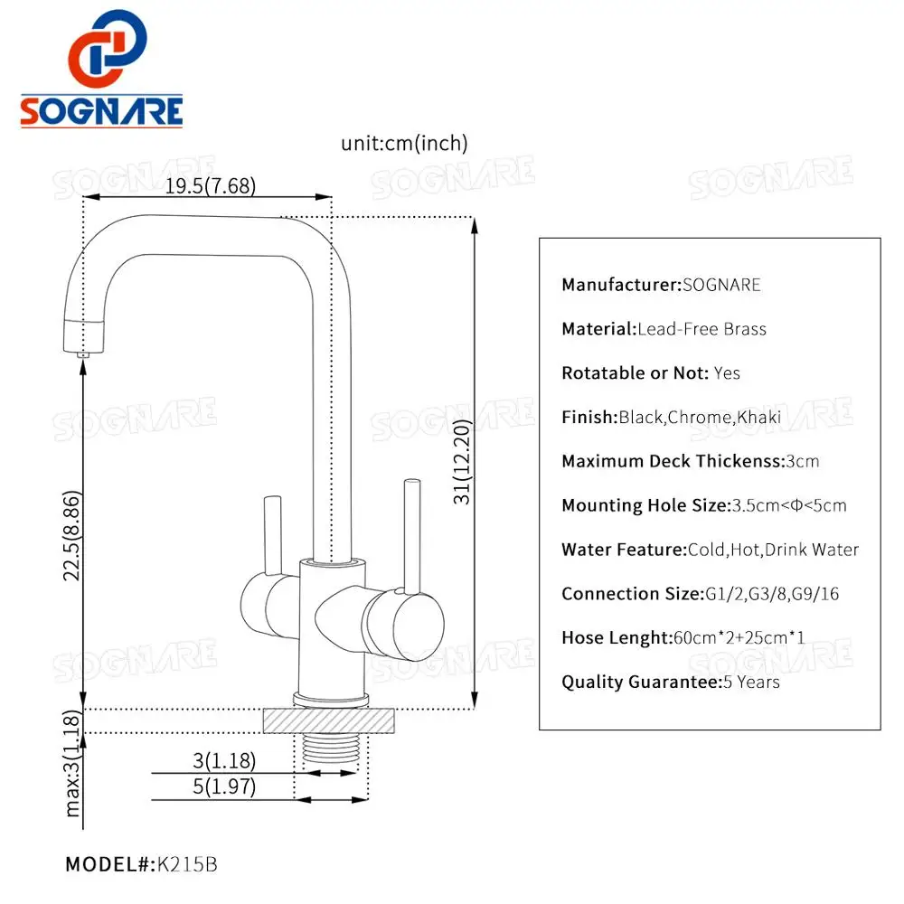  SOGNARE Black Kitchen Faucets Drinking Water Filter Faucet Dual Handle Hot Cold 3-way Filter Kitche
