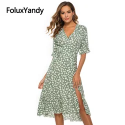 Foluxyandy v pescoço feminino verão chiffon vestido floral rendas até midi a linha de manga curta babados vestidos ywnj23