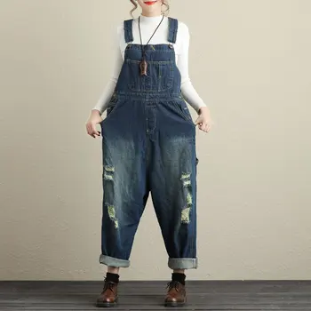 

Fashion 2020 super large size ripped denim suspenders women's artistic casual pants
