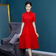 Платье Ципао с открытым дождем, весна, стиль, оригинальная трапециевидная юбка, рубашка с коротким рукавом, красное платье Ципао, прямое платье с пряжкой