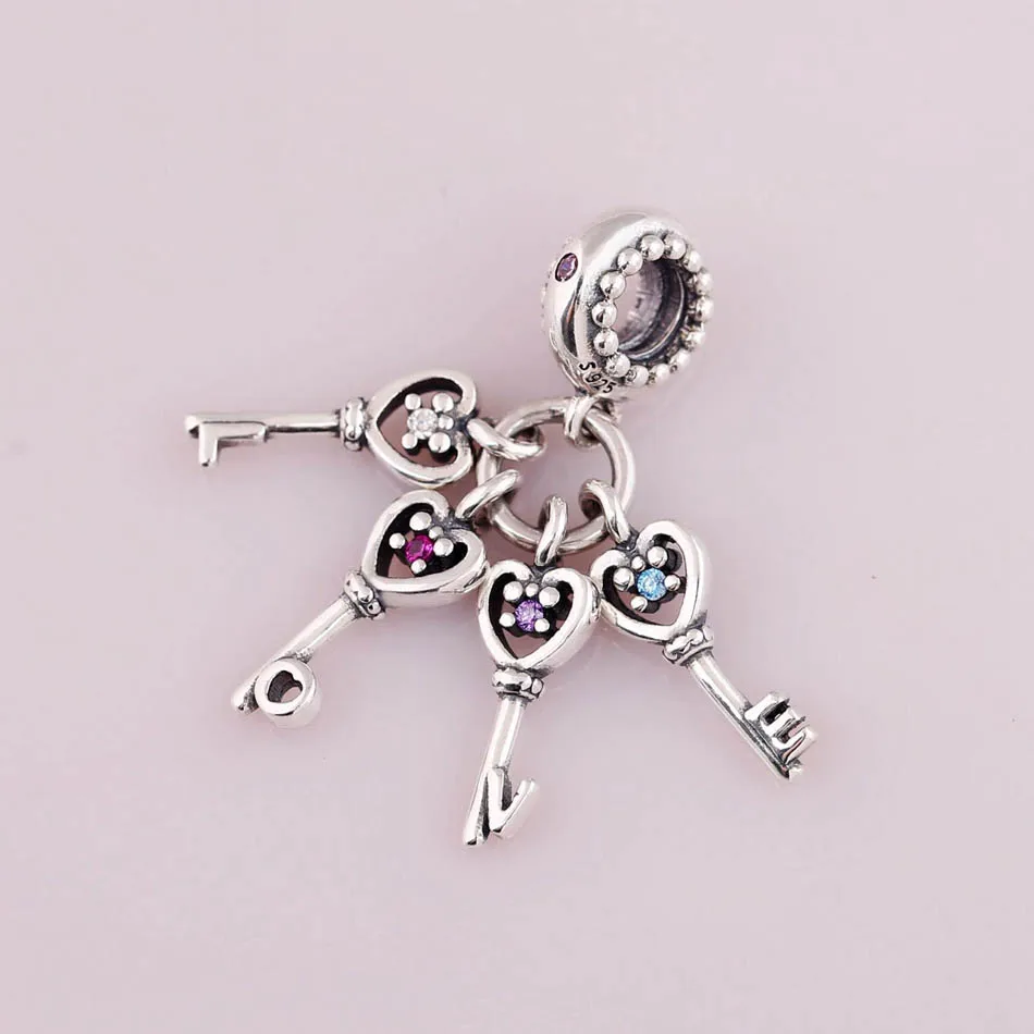 925 пробы серебряный кулон DIY Ювелирные изделия Ключи любви болтаются Шарм fit Pandora Браслет Разноцветные кристаллы