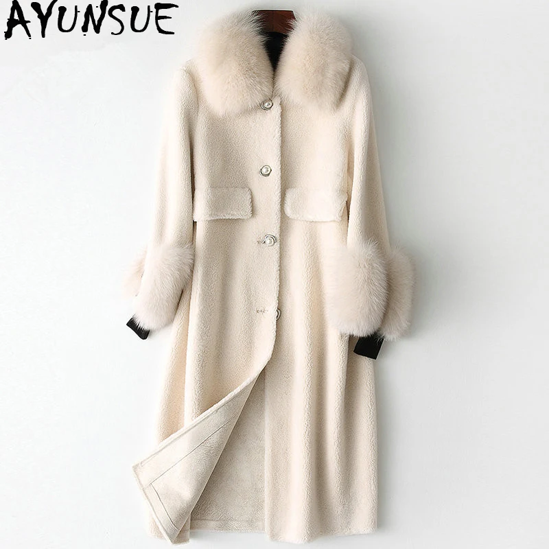 

AYUNSUE Real Fur Coat Female Sheep Shearling Fur Winter Jacket Women Clothes 2019 Fox Fur Collar Wool Coats Korean Outwear MY