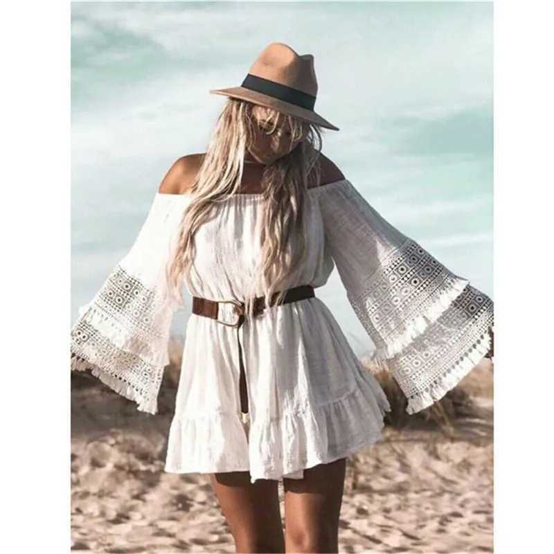Boho Summer Dress Women New Stitching Slash Neck Flare Sleeve Dress Ladies Vestito Solid Color Beach Mini Dress Lady Sundress