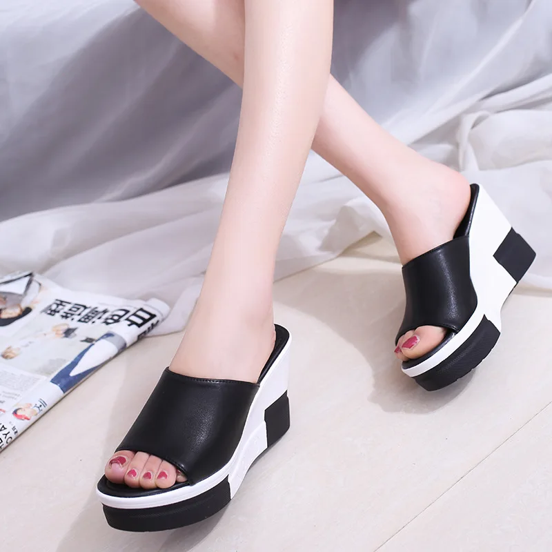 

Fashion Outside Women Platform Wedges Slippers Super High Summer Women Shoes Solid Open Toe Casual Slides