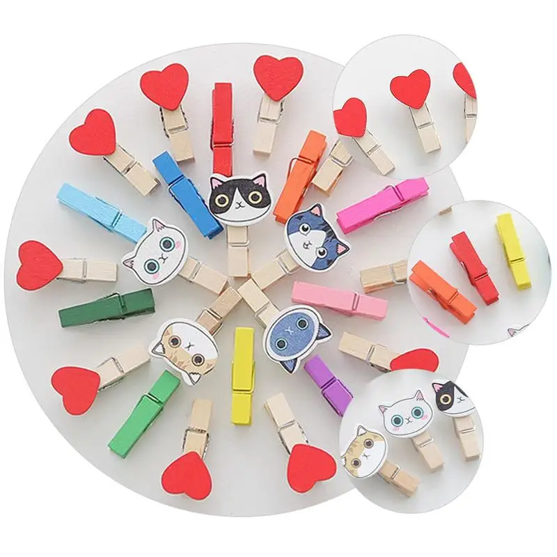 40Pcs Mini Wooden Photo Clips Creative Picture Cartoon DIY Clamps Love Twine Wall Clip | Дом и сад