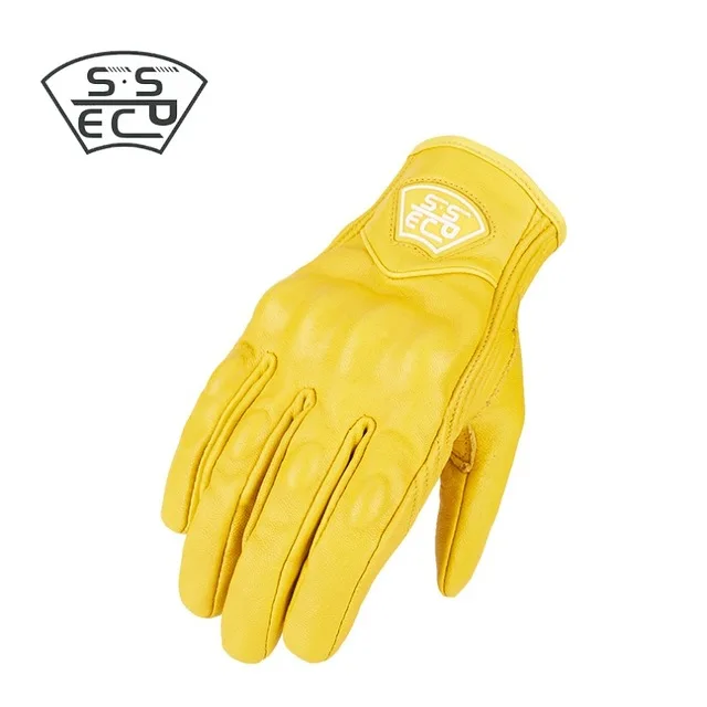 Guantes de carreras de сенсорный экран de Moto de cuero Real de la búsqueda Ретро de las технические - Цвет: yellow