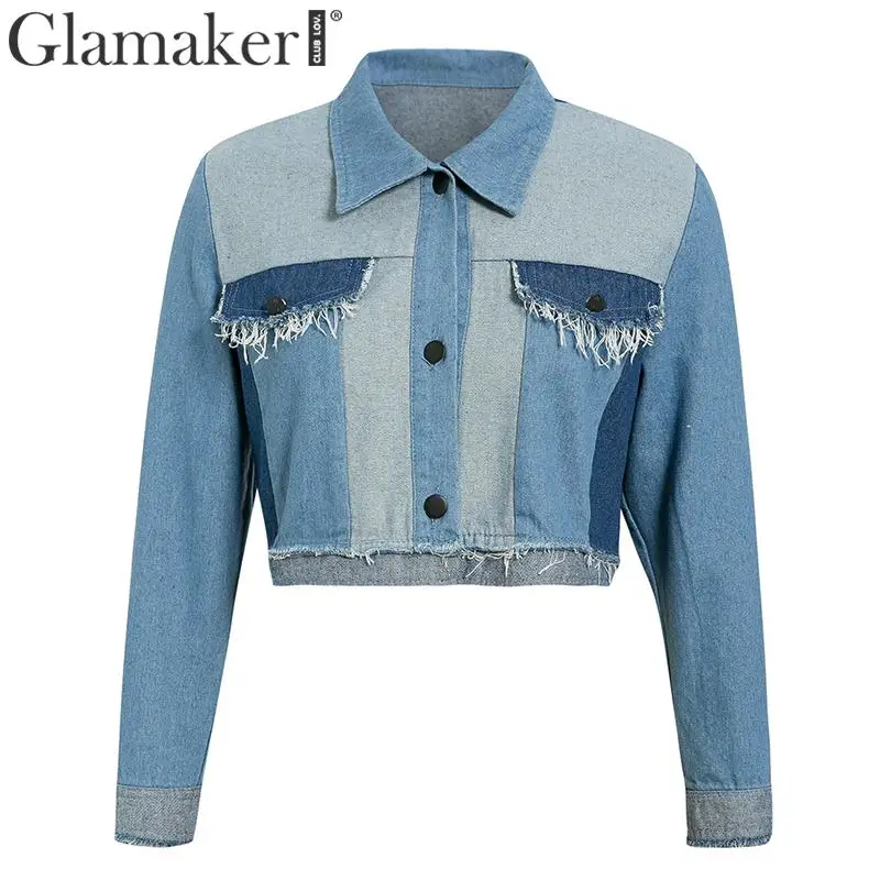 Glamaker синяя Базовая куртка в стиле пэчворк, пальто с длинным рукавом, элегантные вечерние, Клубные, праздничные, короткая верхняя одежда, сексуальная свободная повседневная укороченная куртка, новинка