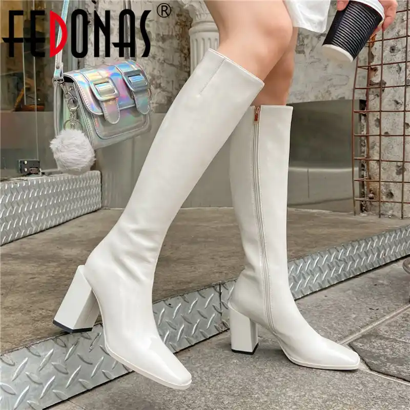 Fedonas女性の冬の靴秋サイドジッパーニーハイブーツの結婚式のパーティーの靴女性のかかと ニーハイブーツ Aliexpress