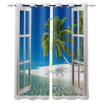 

Creative Window View Of Palm Trees Window Curtains Home Decor Bedroom Kitchen Items Curtain Panel Curtains for Living Room