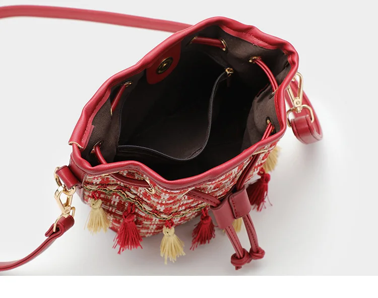 Luxury Brand Handbag Women's Bag Quilted tweed Busket bag Fashion Lady Bohemia Tassel Bags Female Drawstring Crossbody Bag Purse (5)