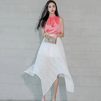 

New Womens Two Piece Set 2020 Summer Korean Fashion Sleeveless Stand Collar Tops + Elegant Perspective Irregular Skirt Suits