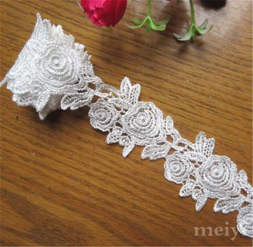 3 Yard White Polyester Flower Embroidered Lace Trim Ribbon Applique