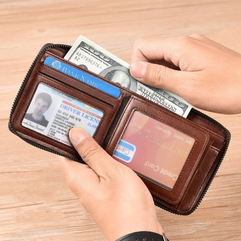 2021 Fashion Men's Coin Purse Wallet RFID Blocking Man Leather Wallet Zipper Business Card Holder ID Money Bag Wallet Male