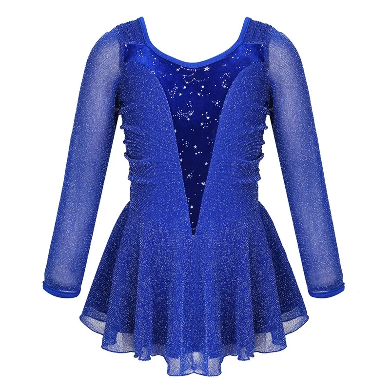 Blue Детское платье для катания на коньках для девочек блестящее Прозрачное платье с длинными рукавами, серебряное блестящее бархатное балетное гимнастическое платье танцевальный костюм - Цвет: Blue