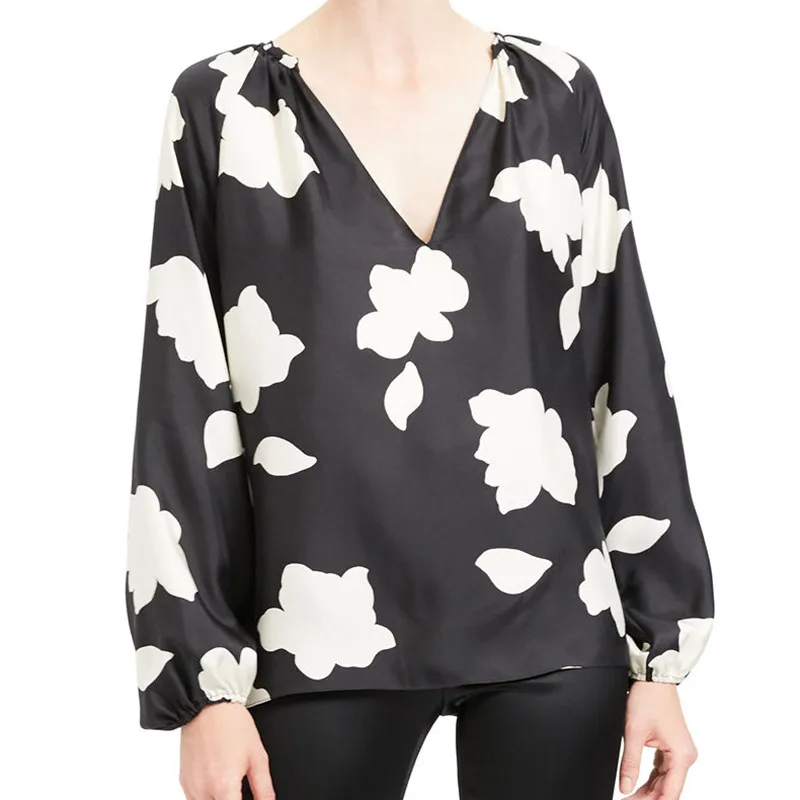 

Women's V-neck Print Blouse Long Lantern Sleeve 100% Silk Soft Loose 2020 Spring Summer New Female Shirt and Tops