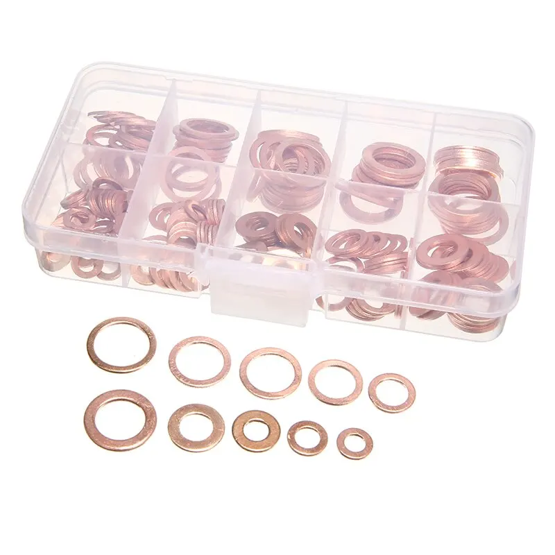 Mayitr 200pcs Solid Copper Washer M5-M14 Full Gasket Seal Flat Ring Fuel Hydraulic Fittings Set for Auto Hardware Tools