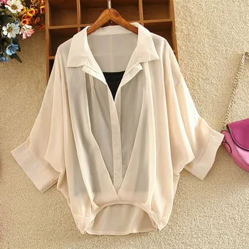 

Summer Chiffon Bat Sleeve Two-piece Set Women Solid Spaghetti Strap + Elegant Shirt Sets Female 2020 Fashion Casual Lady Clothes