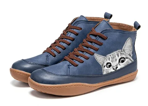 New Autumn And Winter  Retro Warm  Booties Women Comfy Cartoon Cats Print Suede Buckle Casual Flat Ankle Boots Mujer Botas 