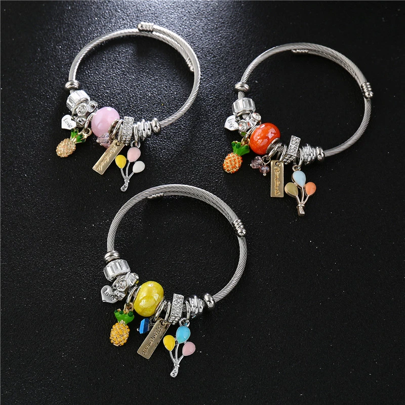 Chic Enamel Pineapple Stainless Steel Bangle Bracelet Women Accessories Fashion Jewelry Love Letter Cuff Bracelets Bijoux Femme