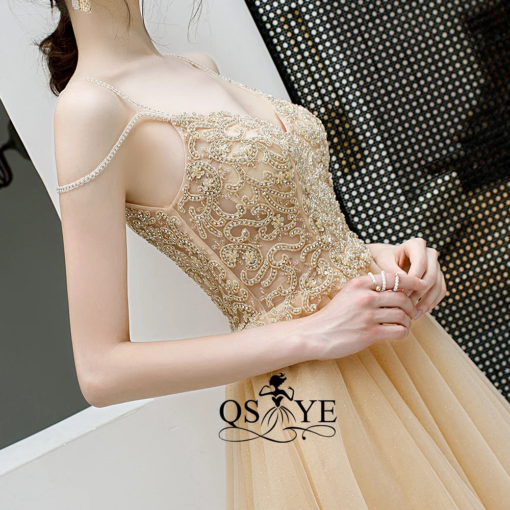 QSYYE New Arrival Long Prom Dresses Tulle spaghetti strap Robe de Soir Beading Floor Length Formal Evening Dress Party Gown