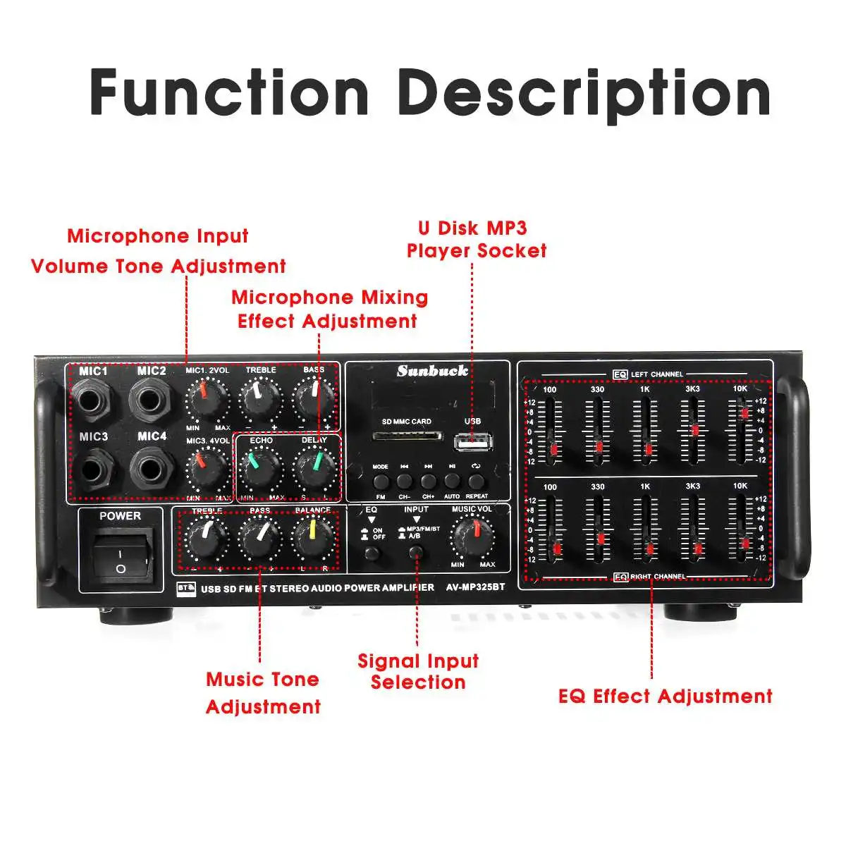 sunbuck bluetooth Amplifier 2000W Audio Power HiFi Amplifier for Car Home 2 Channel 12V/220V AV Amp Speaker FM Radio SD MP3