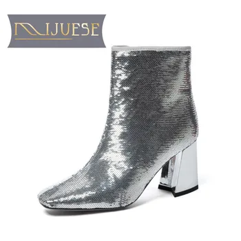 

MLJUESE 2021 women ANKLE boots Microfiber Winter short plush Square Toe zipper High heels female boots size 39