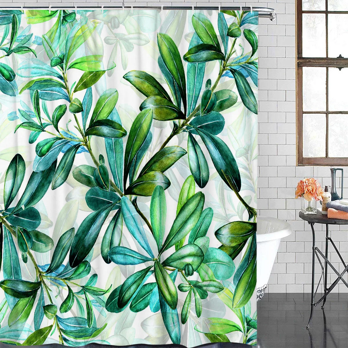 Green Leaf Plant Art Bath Curtains Waterproof Washable Bathroom Shower Curtain Screen with Hooks Accessories | Дом и сад
