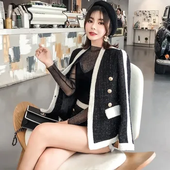 

New Stylish autumn Fall winter Suit Women Buttons Tweed Blazer Jacket Shorts two piece Set high quality