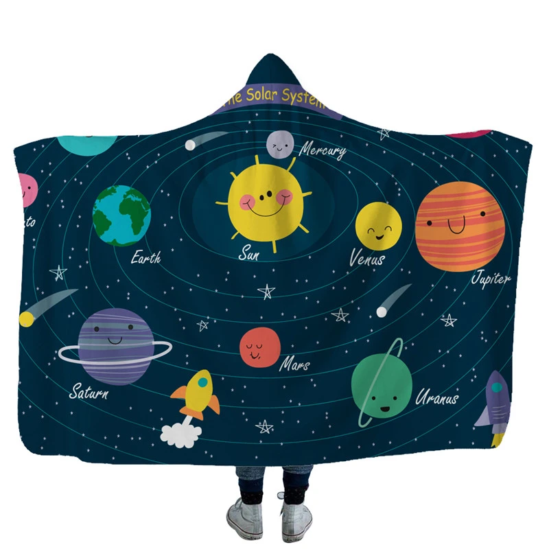 

Universe Planet Pattern Winter Hooded Blanket Sofa Bed Fleece Fabric Wearable Soft Warm Thick Double Layer Print Throw Blankets