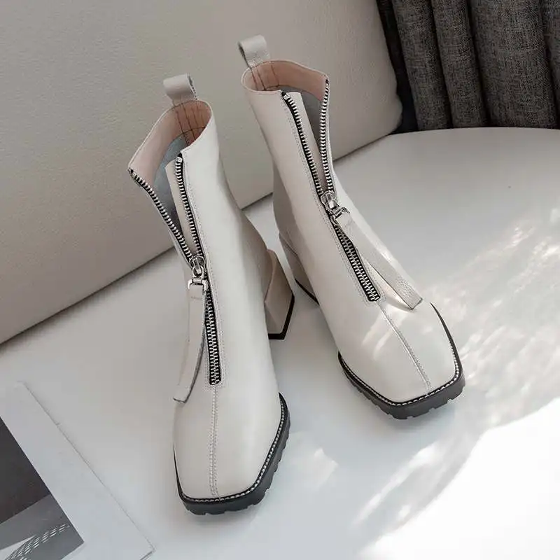 Najtaniej Krazing pot prawdziwej skóry kwadratowych toe streetwear med obcasy zima utrzymać ciepłe z przodu na zamek błyskawiczny wysokiej mody Chelsea botki l23