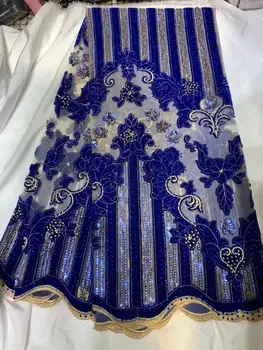 

Newest African Lace fabric 2020 High Quality Nigerian Velvet Lace French Tulle Sequins Lace With Stone For Wedding Dress 5yards