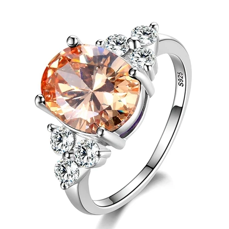 Women's S925 Sterling Silver Oval Zircon Ring - White, Pink, Light Blue & Champagne Zirconia