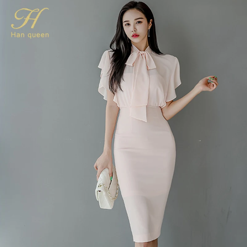 H Han Queen новое женское элегантное розовое платье с бантом на шнуровке Vestidos 2020