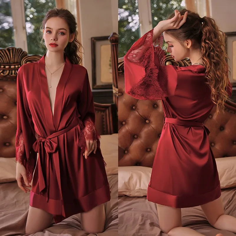 Peignoir Kimono Sexy en Satin pour Femme, Chemise de Nuit avec Dentelle,  Robe de Mariée, Demoiselle d'Honneur, IndispensLingerie - AliExpress