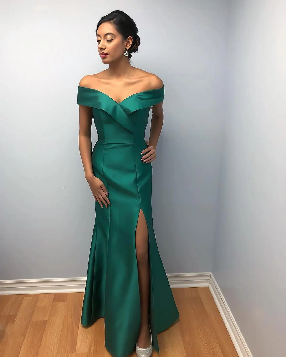 Same as Picture Baijinbay Охотник зеленый с открытыми плечами Вечерние платья Длинные Vestidos De Fiesta De Noche с Боковым Разрезом платья для выпускного вечера Женские вечерние платья - Цвет: Same as Picture