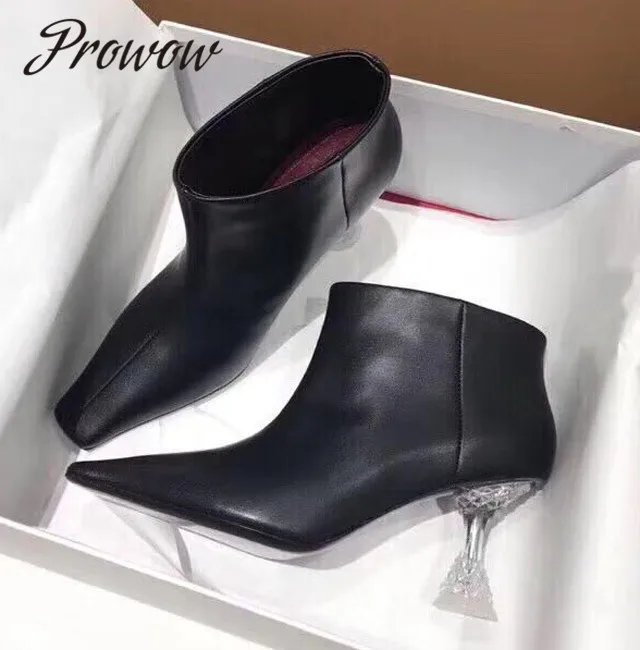 

Prowow New Runway Genuine Leather Square Toe HIgh Heel Boots Slip On Crystal Heel Party Boots Shoes Women