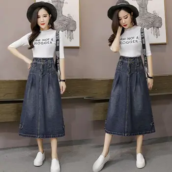 

Spring Autumn Vintage Loose Plus Size Denim Long Skirt Women 2019 New Korean Edition High Waist Slim Fit A Line Jeans Skirt Saia