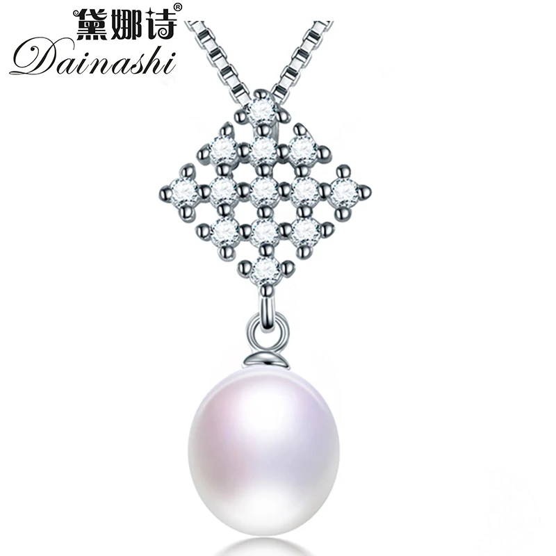 

Dainashi 100% Genuine Natural Freshwater Oval Pearl Necklace High Quality 925 Sterling Silver Square Zircon Pendant Necklace