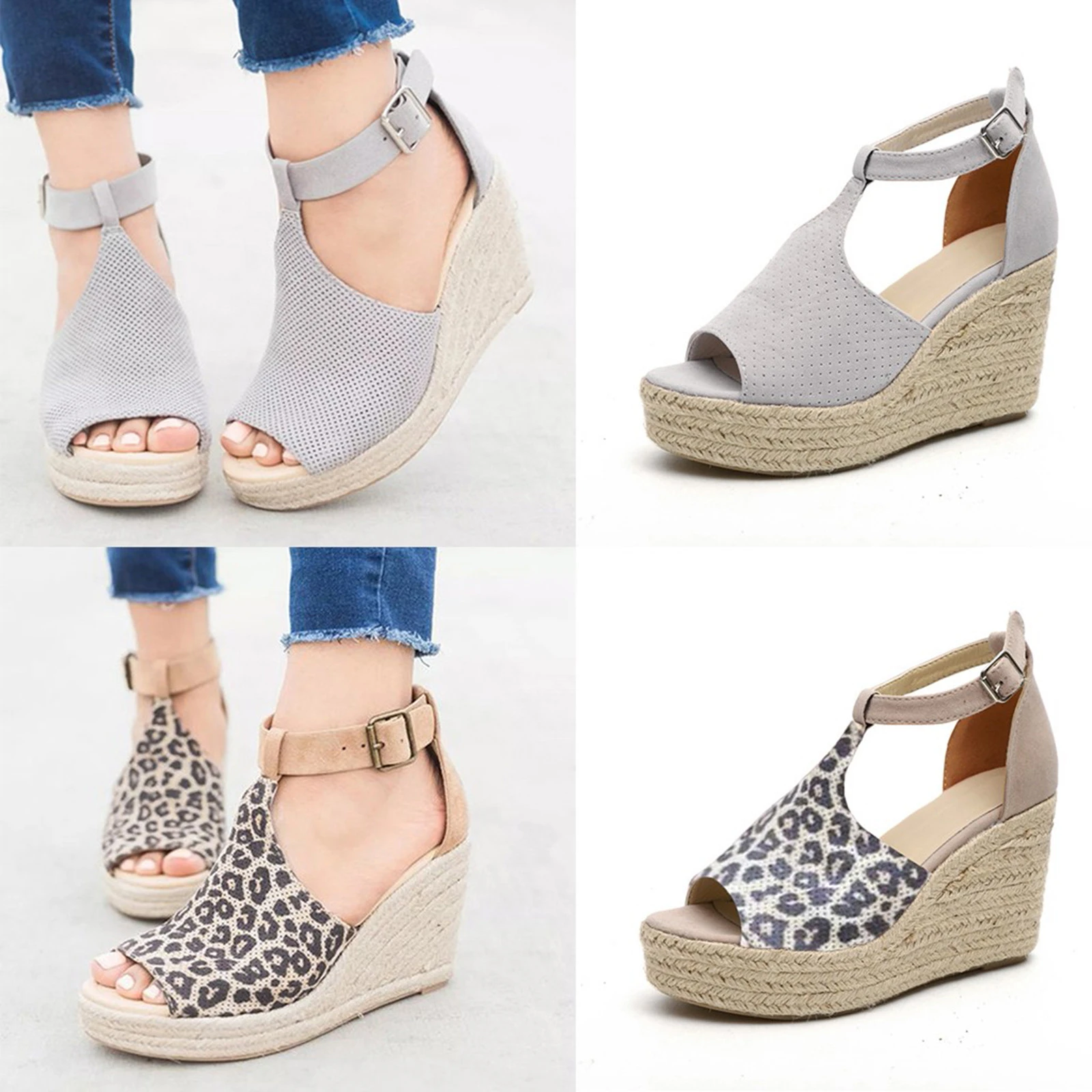 Sandalias con plataforma para mujer, zapatos de tacón alto con cuña de leopardo aterciopelados, zapatillas tobilleras de Punta abierta, informales, para playa y para libre| AliExpress