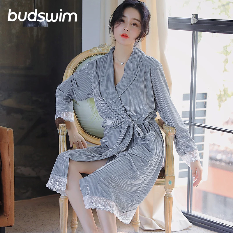 

Women's Lace Spring and Autumn Pajamas and Belts Nightgown Women's Solid Bandage Gold Velvet Solid Color Cardigan Women's
