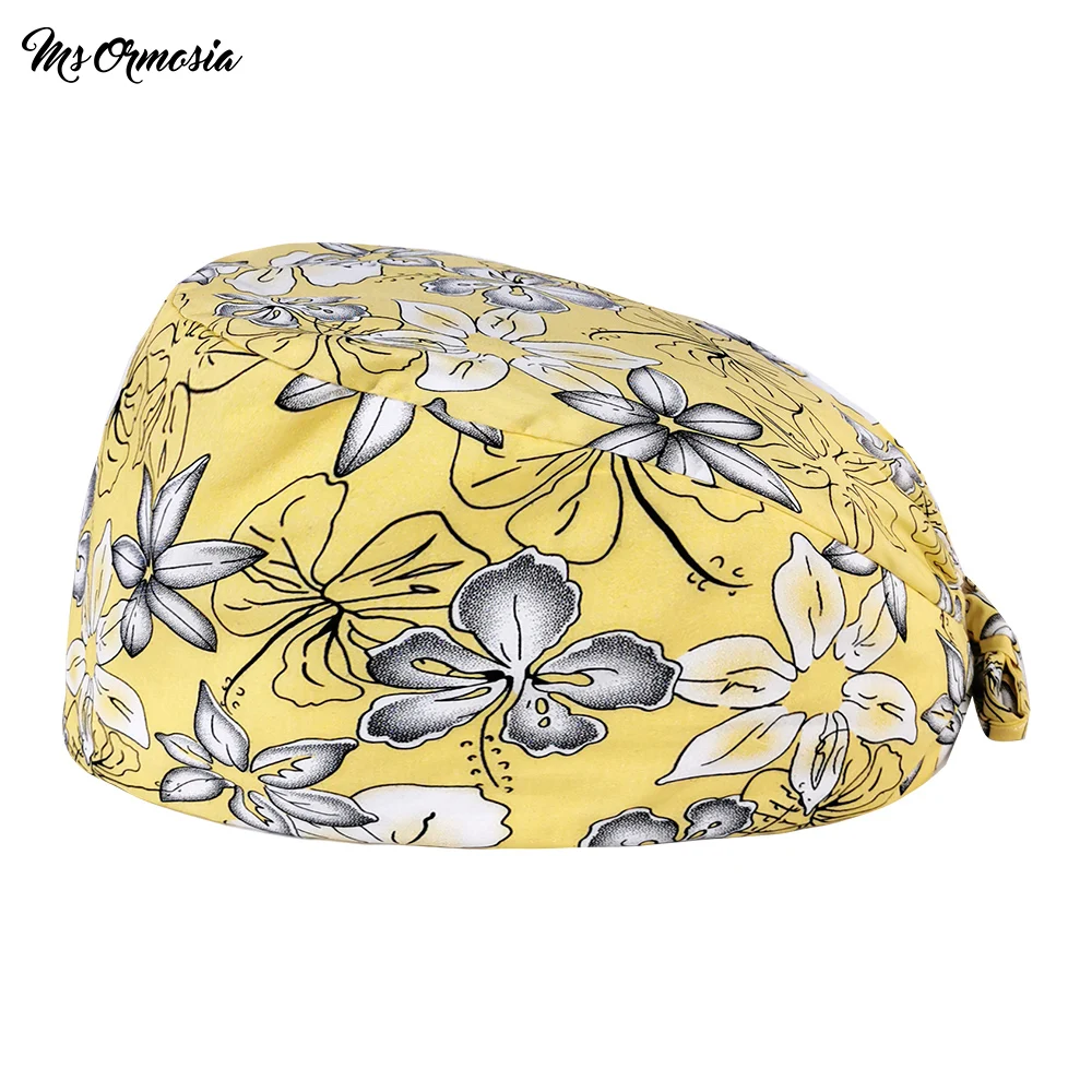 

Cotton Round Hats Flower Printing Health Workers Work Scrubs Hats Adjustable Scrub Cap Pet Grooming Agency Cap Lab Scrubs Caps